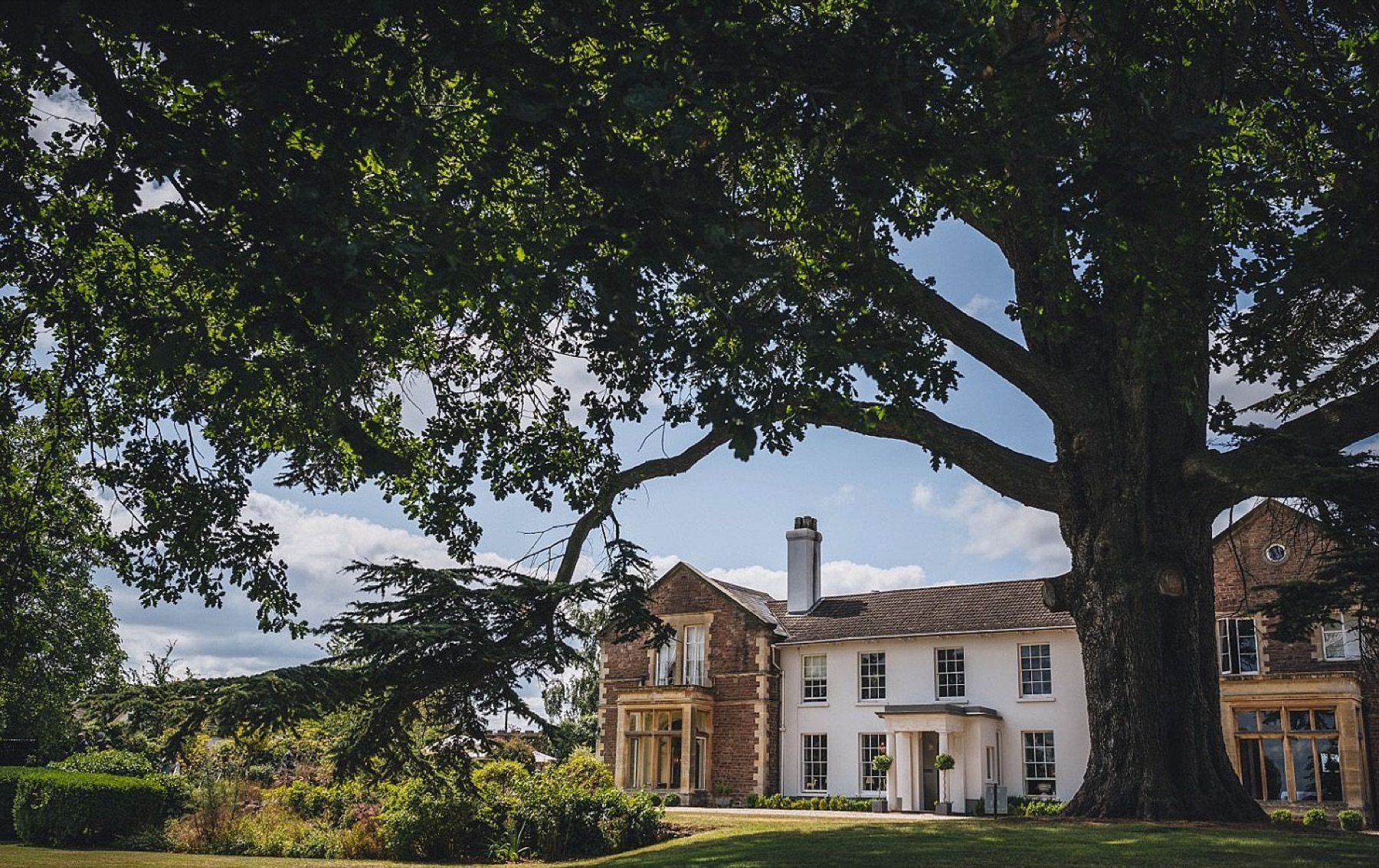 The Glewstone Court manor, framed by the 500-year-old Cedar of Lebanon by the driveway